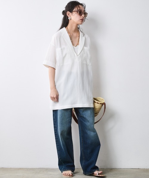 CHIC STYLE（シックスタイル）の「テーラードチュニックブラウス＜大きいサイズ有＞シックスタイル（シャツ/ブラウス・レディース・ネイビー/オフホワイト・3L/LL/L/M/5L/4L）」の22枚目の写真
