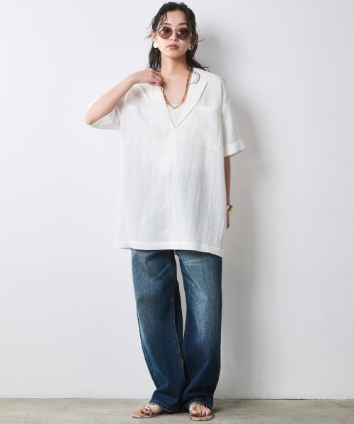 CHIC STYLE（シックスタイル）の「テーラードチュニックブラウス＜大きいサイズ有＞シックスタイル（シャツ/ブラウス・レディース・ネイビー/オフホワイト・3L/LL/L/M/5L/4L）」の14枚目の写真