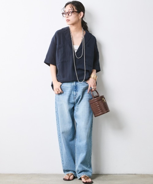 CHIC STYLE（シックスタイル）の「テーラードチュニックブラウス＜大きいサイズ有＞シックスタイル（シャツ/ブラウス・レディース・ネイビー/オフホワイト・3L/LL/L/M/5L/4L）」の7枚目の写真