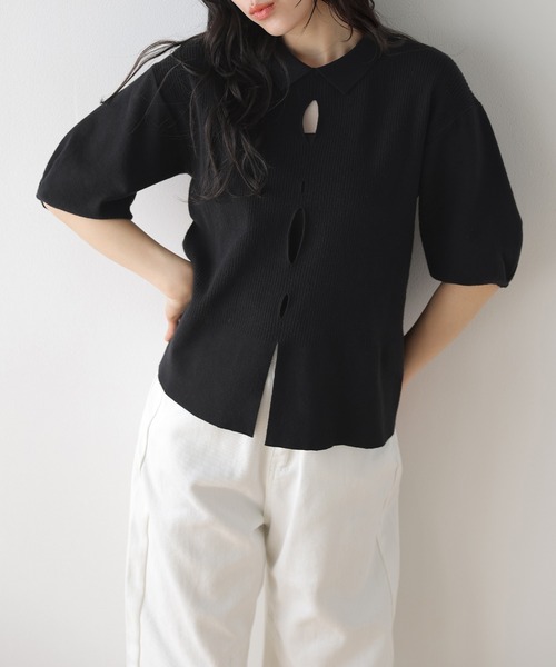 AMELY(エミリー)の「襟付き リブニット トップス(ポロシャツ・レディース・ベージュ/ピンク/ブラック/グレー・フリー)」の2枚目の写真