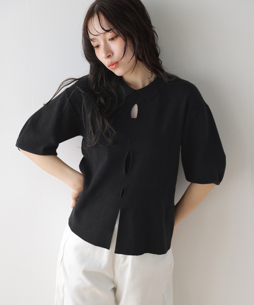 AMELY(エミリー)の「襟付き リブニット トップス(ポロシャツ・レディース・ベージュ/ピンク/ブラック/グレー・フリー)」の11枚目の写真