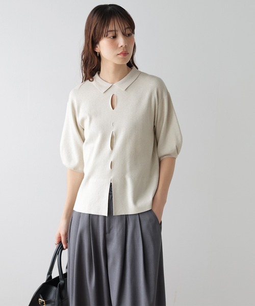 AMELY(エミリー)の「襟付き リブニット トップス(ポロシャツ・レディース・ベージュ/ピンク/ブラック/グレー・フリー)」の8枚目の写真