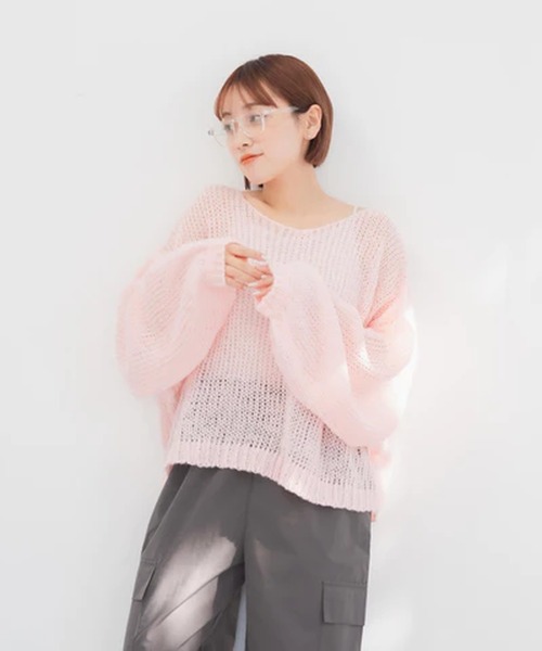 merrylatte(メリーラテ)の「透かし編みクロップドニット【IROHANI】(ニット/セーター・レディース・ピンク/ブルー・FREE)」の3枚目の写真