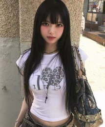 レオパートハート柄&英字ロゴ ショートtシャツ