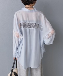 無地 ストライプ バックレースシアーシャツ
