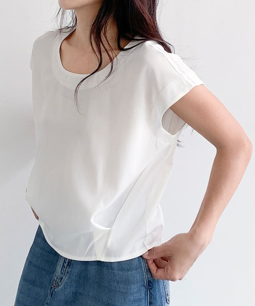 LOWO（ロワ）の「スクエアネックフレンチスリーブバックスリットトップス（Tシャツ/カットソー・レディース・ブラック/ホワイト・FREE）」の4枚目の写真