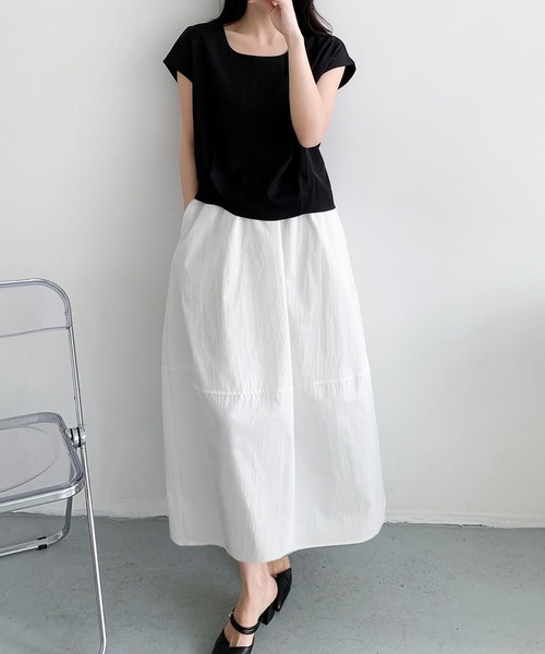 LOWO（ロワ）の「スクエアネックフレンチスリーブバックスリットトップス（Tシャツ/カットソー・レディース・ブラック/ホワイト・FREE）」の8枚目の写真