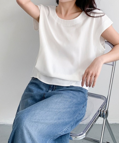 LOWO（ロワ）の「スクエアネックフレンチスリーブバックスリットトップス（Tシャツ/カットソー・レディース・ブラック/ホワイト・FREE）」の9枚目の写真