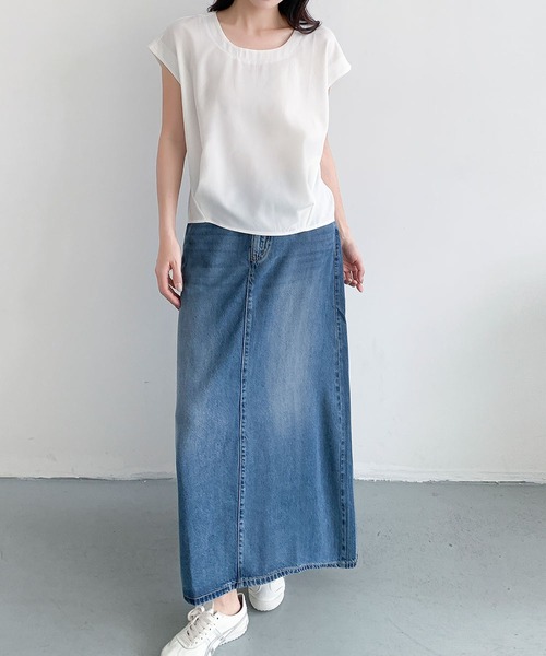 LOWO（ロワ）の「スクエアネックフレンチスリーブバックスリットトップス（Tシャツ/カットソー・レディース・ブラック/ホワイト・FREE）」の10枚目の写真