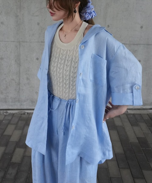 LAULEN（ローレン）の「linen tailored collar shirt jacket /リネンテーラードカラーシャツジャケット（テーラードジャケット・レディース・ベージュ/ブルー/アイボリー・FREE）」の3枚目の写真