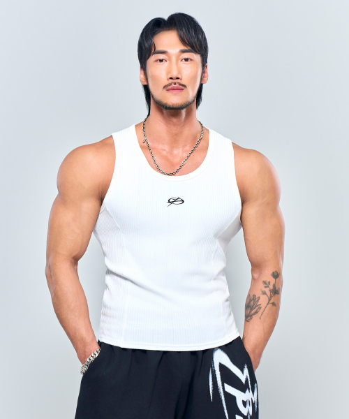PHYSICAL GARMENTS（フィジカルガーメンツ）の「P2572 シンボルリブスリムノースリーブ [3COLOR]（Tシャツ/カットソー・メンズ・ホワイト/ブラック/ネイビー・MEDIUM/LARGE/X-LARGE/XX-LARGE）」の5枚目の写真
