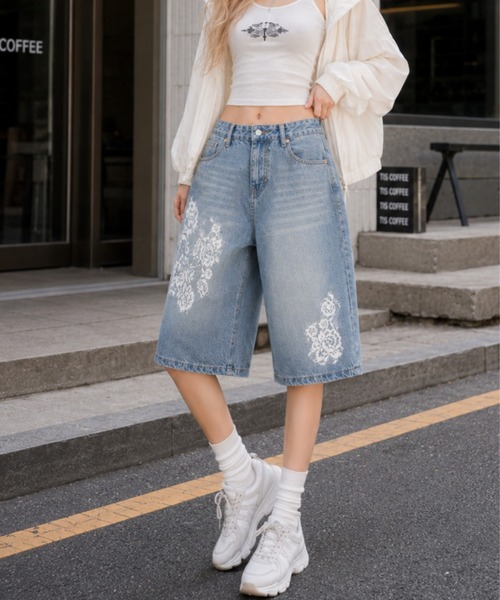 セール】【CANVAS＋】レースプリントデニムハーフパンツ（デニムパンツ