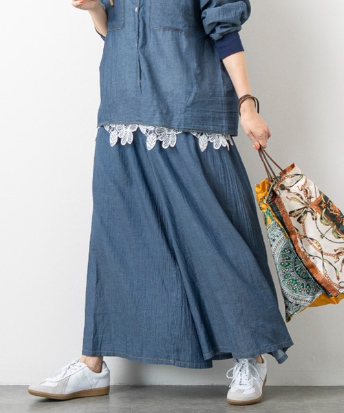 aunt lily(アントリリー)の「シアーデニムワイドパンツ / デニムパンツ ワイドパンツ シアーデニム イージーパンツ ウエストタック 薄手デニム 綿100% 大人カジュアル きれいめ(デニムパンツ・レディース・ライトブルー/ネイビー・S/L/M/LL)」の2枚目の写真