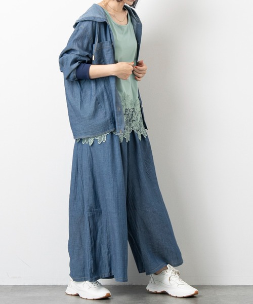aunt lily(アントリリー)の「シアーデニムワイドパンツ / デニムパンツ ワイドパンツ シアーデニム イージーパンツ ウエストタック 薄手デニム 綿100% 大人カジュアル きれいめ(デニムパンツ・レディース・ライトブルー/ネイビー・S/L/M/LL)」の3枚目の写真