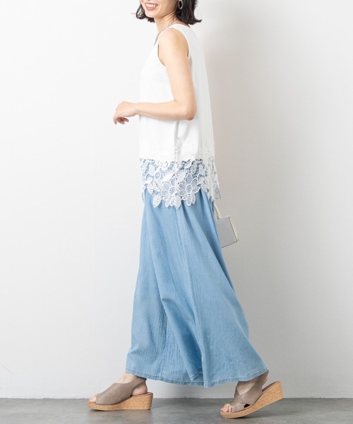 aunt lily(アントリリー)の「シアーデニムワイドパンツ / デニムパンツ ワイドパンツ シアーデニム イージーパンツ ウエストタック 薄手デニム 綿100% 大人カジュアル きれいめ(デニムパンツ・レディース・ライトブルー/ネイビー・S/L/M/LL)」の12枚目の写真