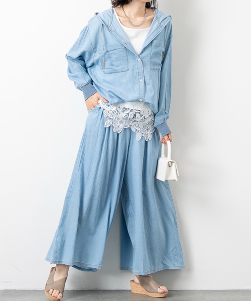 aunt lily(アントリリー)の「シアーデニムワイドパンツ / デニムパンツ ワイドパンツ シアーデニム イージーパンツ ウエストタック 薄手デニム 綿100% 大人カジュアル きれいめ(デニムパンツ・レディース・ライトブルー/ネイビー・S/L/M/LL)」の14枚目の写真