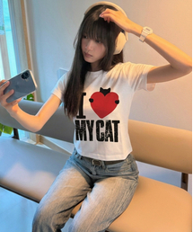DTF ラブマイキャット クールコットン ウィメンズ クロップ 半袖Tシャツ ホワイト
