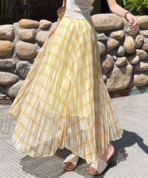 AMAJI(アマジ)の「チェック柄 プリーツ切替 不規則ヘム チュール Aラインスカート(スカート・レディース・ライトブルー/ベージュ/イエロー・SMALL/MEDIUM/LARGE/X-LARGE)」の8枚目の写真