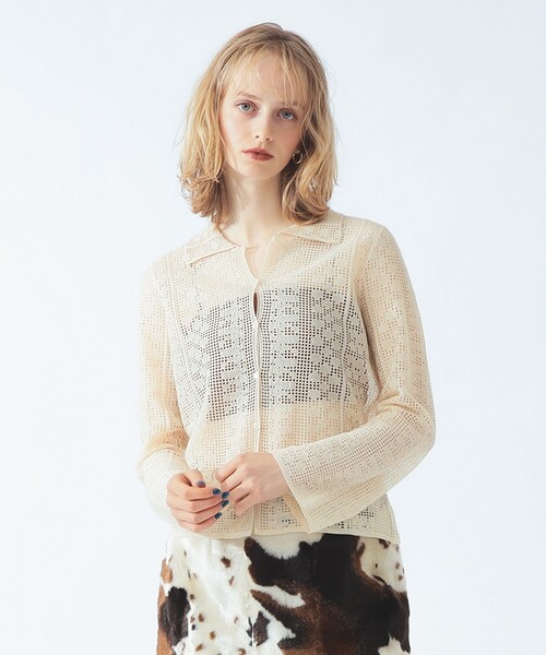 Ray BEAMS(レイビームス)の「柄編み ニット シャツ(ニット/セーター・レディース・ブラック/ナチュラル・ONE SIZE)」の1枚目の写真