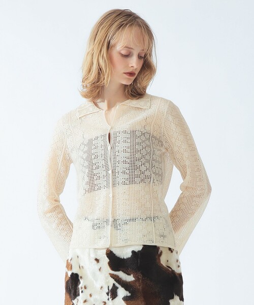 Ray BEAMS(レイビームス)の「柄編み ニット シャツ(ニット/セーター・レディース・ブラック/ナチュラル・ONE SIZE)」の6枚目の写真