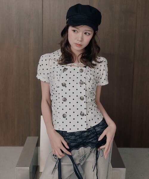 OLIVE des OLIVE(オリーブデオリーブ)の「ダブルボタンパフ袖ブラウス(シャツ/ブラウス・レディース・ドット/ブラック/ブラウン・FREE)」の13枚目の写真