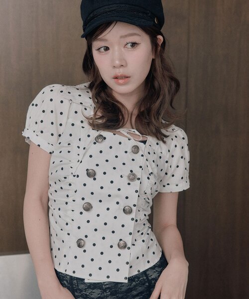 OLIVE des OLIVE(オリーブデオリーブ)の「ダブルボタンパフ袖ブラウス(シャツ/ブラウス・レディース・ドット/ブラック/ブラウン・FREE)」の14枚目の写真