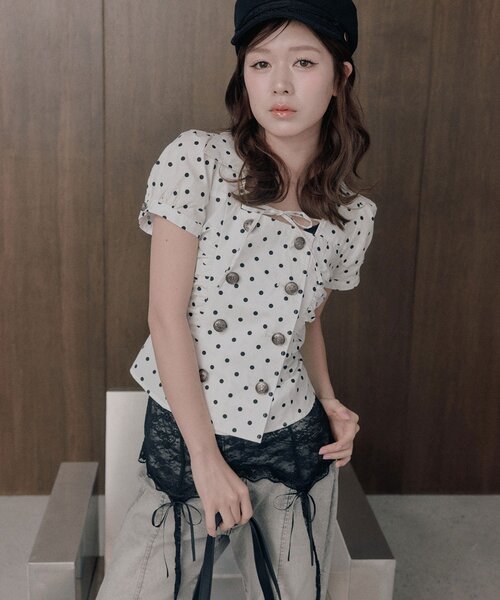 OLIVE des OLIVE(オリーブデオリーブ)の「ダブルボタンパフ袖ブラウス(シャツ/ブラウス・レディース・ドット/ブラック/ブラウン・FREE)」の15枚目の写真