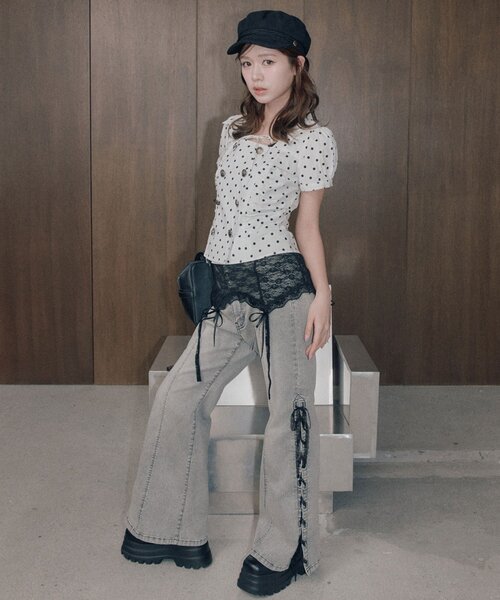 OLIVE des OLIVE(オリーブデオリーブ)の「ダブルボタンパフ袖ブラウス(シャツ/ブラウス・レディース・ドット/ブラック/ブラウン・FREE)」の9枚目の写真