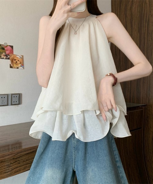 LUCPY(ラクピー)の「ティアードホルターネックノースリーブブラウス(シャツ/ブラウス・レディース・ピンク/イエロー/ホワイト・FREE)」の1枚目の写真