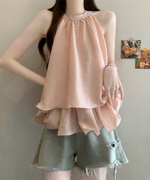LUCPY(ラクピー)の「ティアードホルターネックノースリーブブラウス(シャツ/ブラウス・レディース・ピンク/イエロー/ホワイト・FREE)」の3枚目の写真