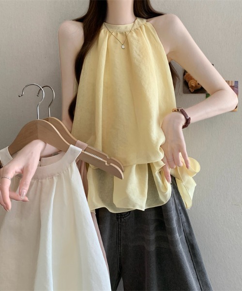 LUCPY(ラクピー)の「ティアードホルターネックノースリーブブラウス(シャツ/ブラウス・レディース・ピンク/イエロー/ホワイト・FREE)」の5枚目の写真