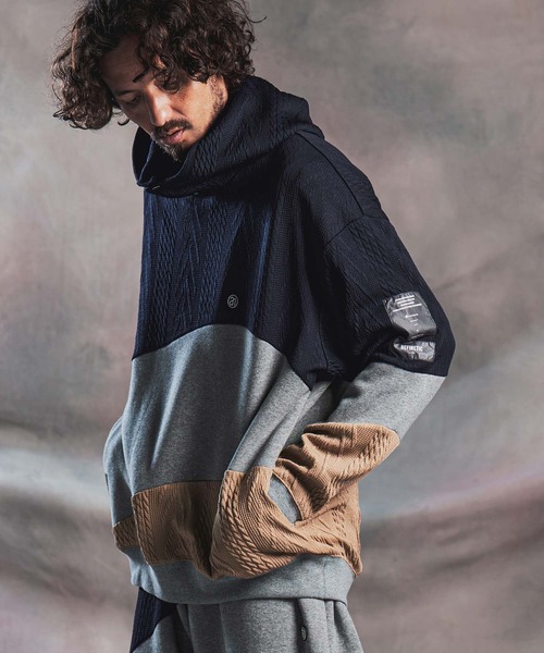 ANGENEHM（アンゲネーム）の「mpa4194-Cardboard Knit Jacquard-Blocked Hoodie プルオーバーパーカー(AG07-019acg)（パーカー・メンズ・ブラック/ミックスグレー・S/M/L）」の2枚目の写真