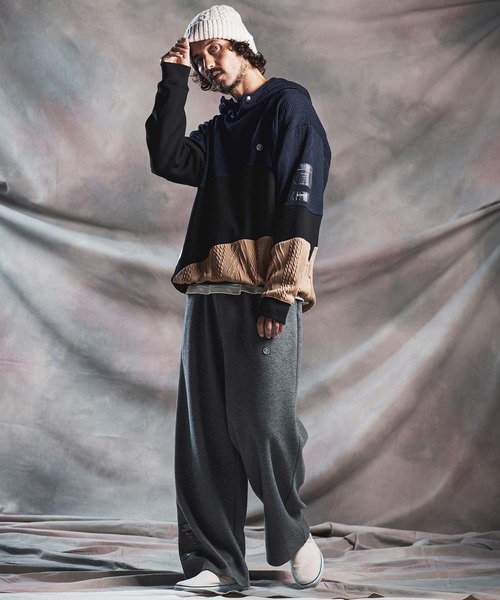 ANGENEHM（アンゲネーム）の「mpa4194-Cardboard Knit Jacquard-Blocked Hoodie プルオーバーパーカー(AG07-019acg)（パーカー・メンズ・ブラック/ミックスグレー・S/M/L）」の18枚目の写真