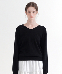 Merino Wool 100% V-Neck Basic Knit (black)