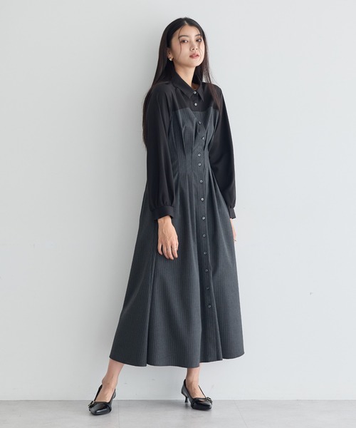 YECCA VECCA（イェッカヴェッカ）の「ベアドッキングワンピース（シャツワンピース・レディース・ストライプ/チェック/ベージュ・FREE）」の2枚目の写真