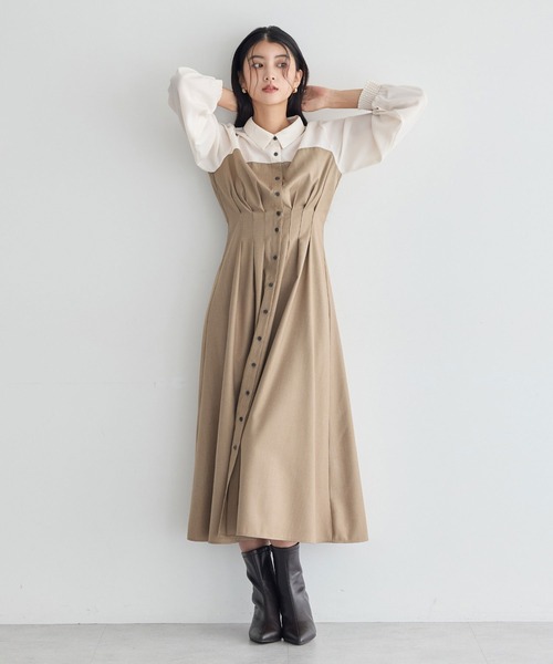 YECCA VECCA（イェッカヴェッカ）の「ベアドッキングワンピース（シャツワンピース・レディース・ストライプ/チェック/ベージュ・FREE）」の5枚目の写真