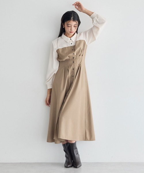 YECCA VECCA（イェッカヴェッカ）の「ベアドッキングワンピース（シャツワンピース・レディース・ストライプ/チェック/ベージュ・FREE）」の6枚目の写真