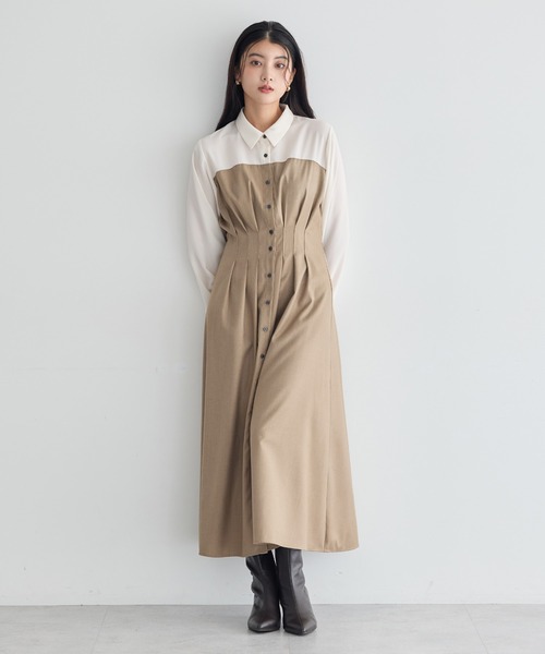 YECCA VECCA（イェッカヴェッカ）の「ベアドッキングワンピース（シャツワンピース・レディース・ストライプ/チェック/ベージュ・FREE）」の4枚目の写真