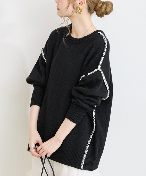 B.C STOCK(ベーセーストック)の「ウォッシャブル / ブランケットステッチ2WAYニット(ニット/セーター・レディース・サックスブルー/ブラック/ホワイト・FREE)」の1枚目の写真