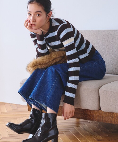 BEAUTY&YOUTH UNITED ARROWS(ビューティーアンドユースユナイテッドアローズ)の「【WEB限定 Wardrobe DAILY MINIMAL】ボーダー ペプラムニットカーディガン(カーディガン/ボレロ・レディース・ナチュラル/ブラック/ダークブラウン・FREE)」の1枚目の写真