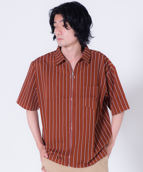 GGD SELECT(ジージーディー セレクト)の「GGD SELECT / リングZIP ストライプ半袖シャツ(シャツ/ブラウス・メンズ・ブラック/ダークブラウン/ネイビー/ブルー・M/L)」の3枚目の写真