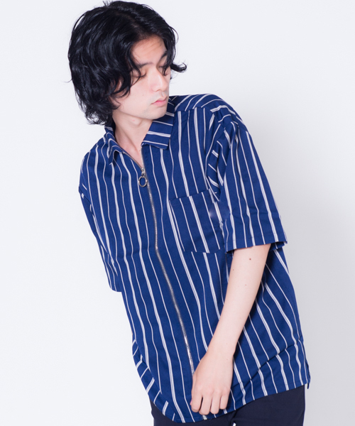 GGD SELECT(ジージーディー セレクト)の「GGD SELECT / リングZIP ストライプ半袖シャツ(シャツ/ブラウス・メンズ・ブラック/ダークブラウン/ネイビー/ブルー・M/L)」の4枚目の写真