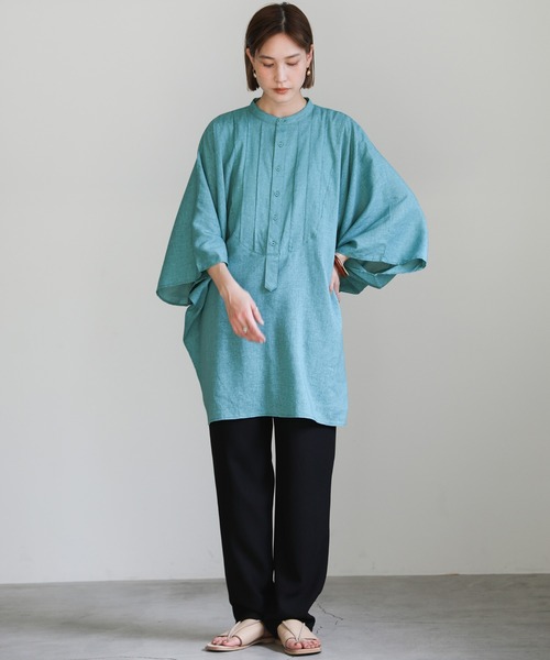 select MOCA(セレクトモカ)の「2021 SS リネンスタンドカラードルマンスリーブシャツ(前ヨークオーバーサイズブラウス)(シャツ/ブラウス・レディース・エメラルドブルー/カーキ/アイボリー・FREE)」の4枚目の写真