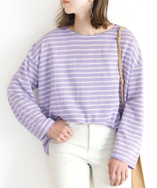 reca（レカ）の「ワイドスリーブボーダーカットソー（Tシャツ/カットソー・レディース・ブラック/モカ/ネイビー/ライトブルー/ライラック/ブラウン系その他/ベージュ/ホワイト/グリーン系その他/オリーブ・FREE）」の10枚目の写真