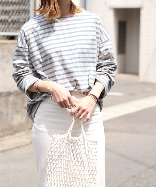 reca（レカ）の「ワイドスリーブボーダーカットソー（Tシャツ/カットソー・レディース・ブラック/モカ/ネイビー/ライトブルー/ライラック/ブラウン系その他/ベージュ/ホワイト/グリーン系その他/オリーブ・FREE）」の8枚目の写真