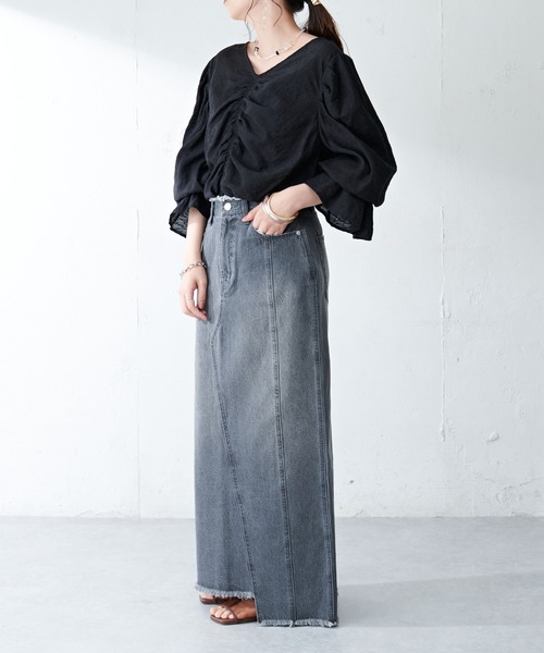 DISCOAT（ディスコート）の「生地JQDギャザーブラウス（シャツ/ブラウス・レディース・サックスブルー/ピンクベージュ/オフホワイト/ブラック・FREE）」の12枚目の写真