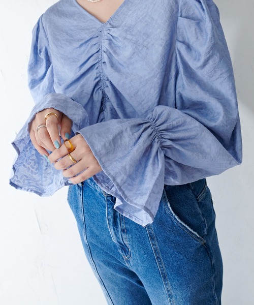 DISCOAT（ディスコート）の「生地JQDギャザーブラウス（シャツ/ブラウス・レディース・サックスブルー/ピンクベージュ/オフホワイト/ブラック・FREE）」の22枚目の写真