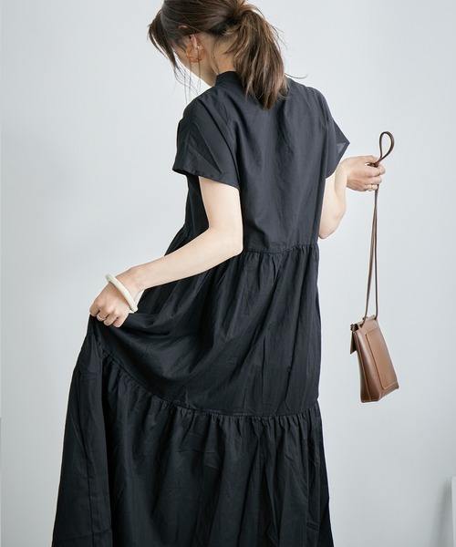 Fashion Letter（ファッションレター）の「フレンチスリーブティアードロングシャツワンピース（シャツワンピース・レディース・ブラック/ベージュ/オフホワイト・M）」の2枚目の写真