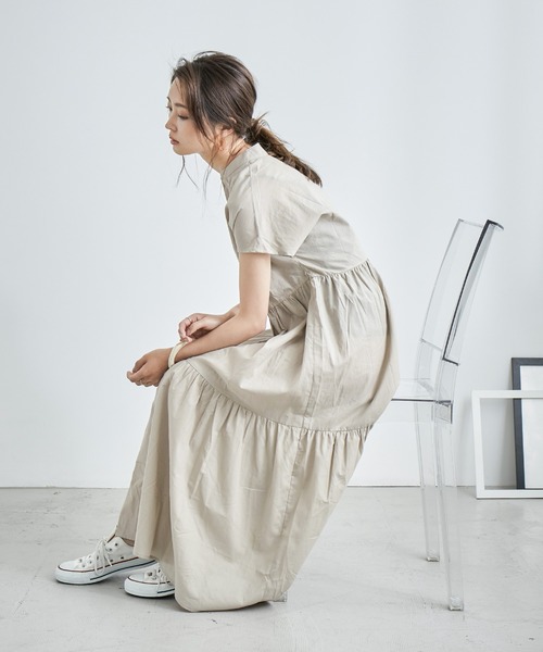 Fashion Letter（ファッションレター）の「フレンチスリーブティアードロングシャツワンピース（シャツワンピース・レディース・ブラック/ベージュ/オフホワイト・M）」の17枚目の写真