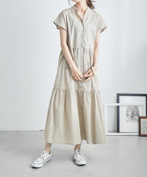 Fashion Letter（ファッションレター）の「フレンチスリーブティアードロングシャツワンピース（シャツワンピース・レディース・ブラック/ベージュ/オフホワイト・M）」の18枚目の写真